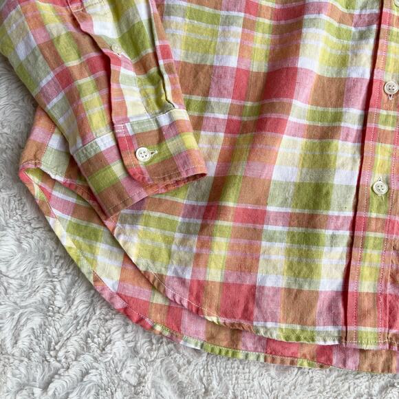 Vintage linen button-down shirt long sleeve plaid blouse watermelon pink green M - Picture 8 of 17